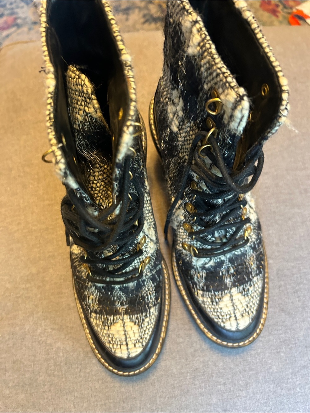 Tory Burch Black and Cream Lace-Up Tweed Ankle Boots - Picture 1 of 3